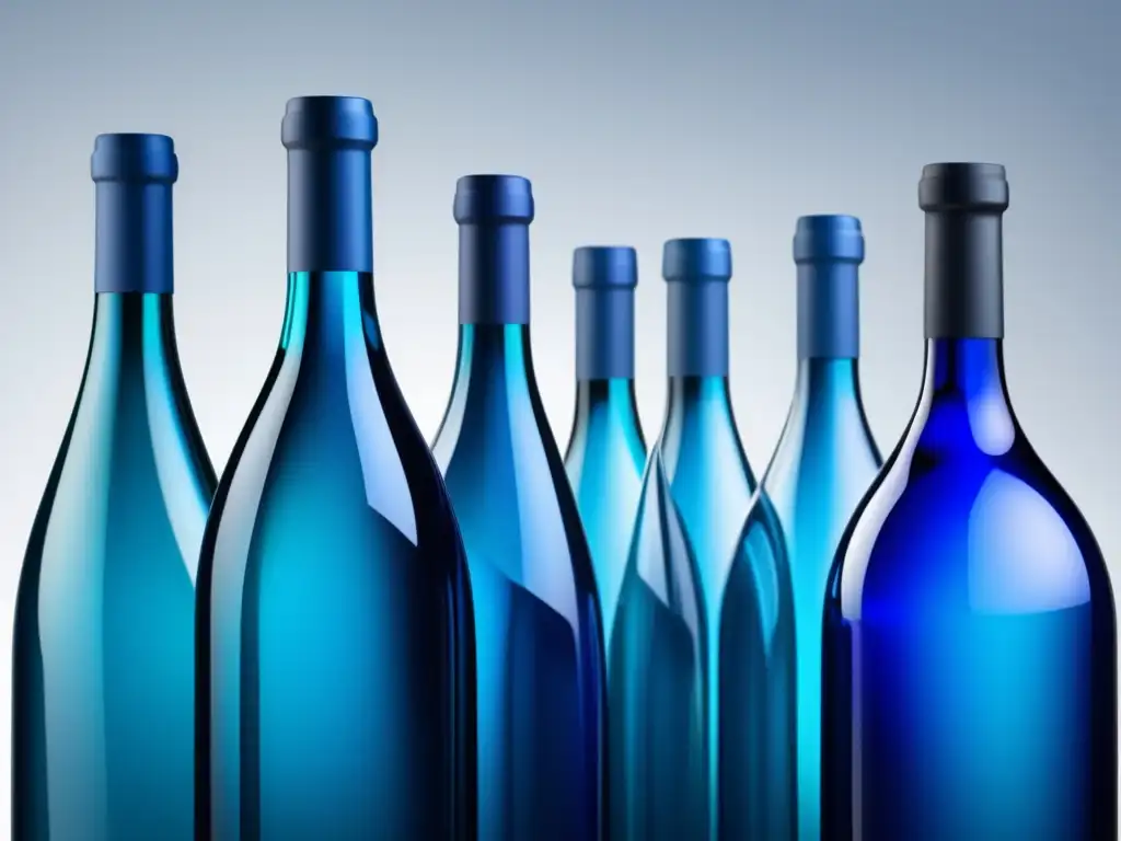 Ultradetalle de botellas azules de vino, sofisticación y unicidad