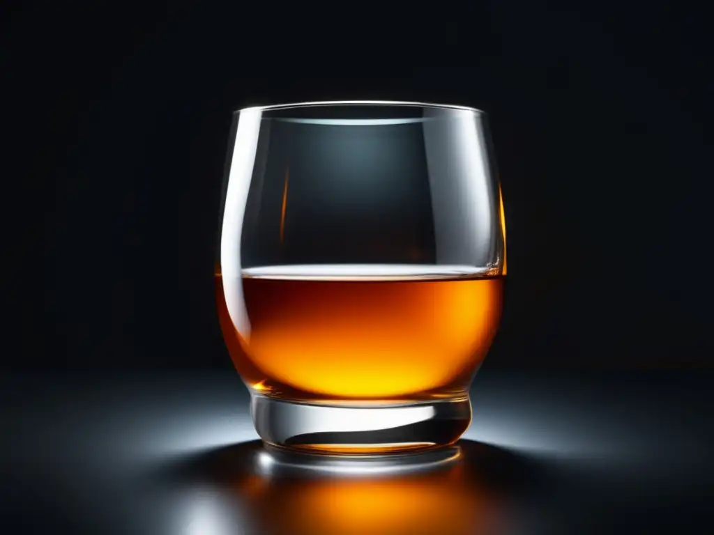 Bourbon elegante en vaso de vidrio, en superficie negra, iluminado y reflejando calidez y sofisticación