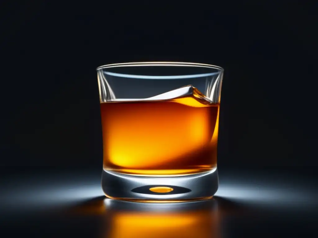 Vaso de bourbon dorado en fondo oscuro, elegante y sofisticado