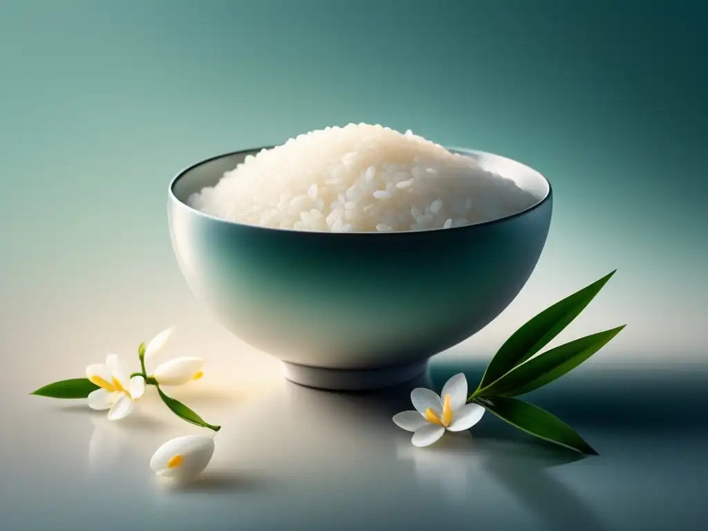 Arroz jazmín perfectamente cocido con flores de jazmín frescas, en un cuenco minimalista