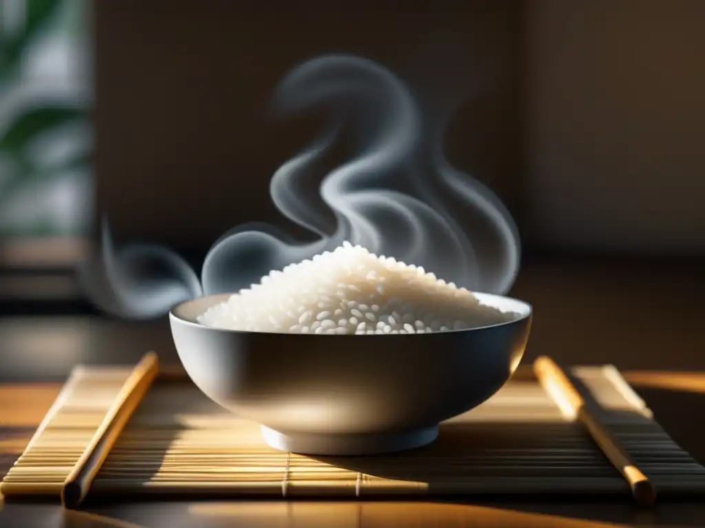 Imagen 8k: Arroz jazmín perfectamente cocido en una cocina oriental serena y elegante