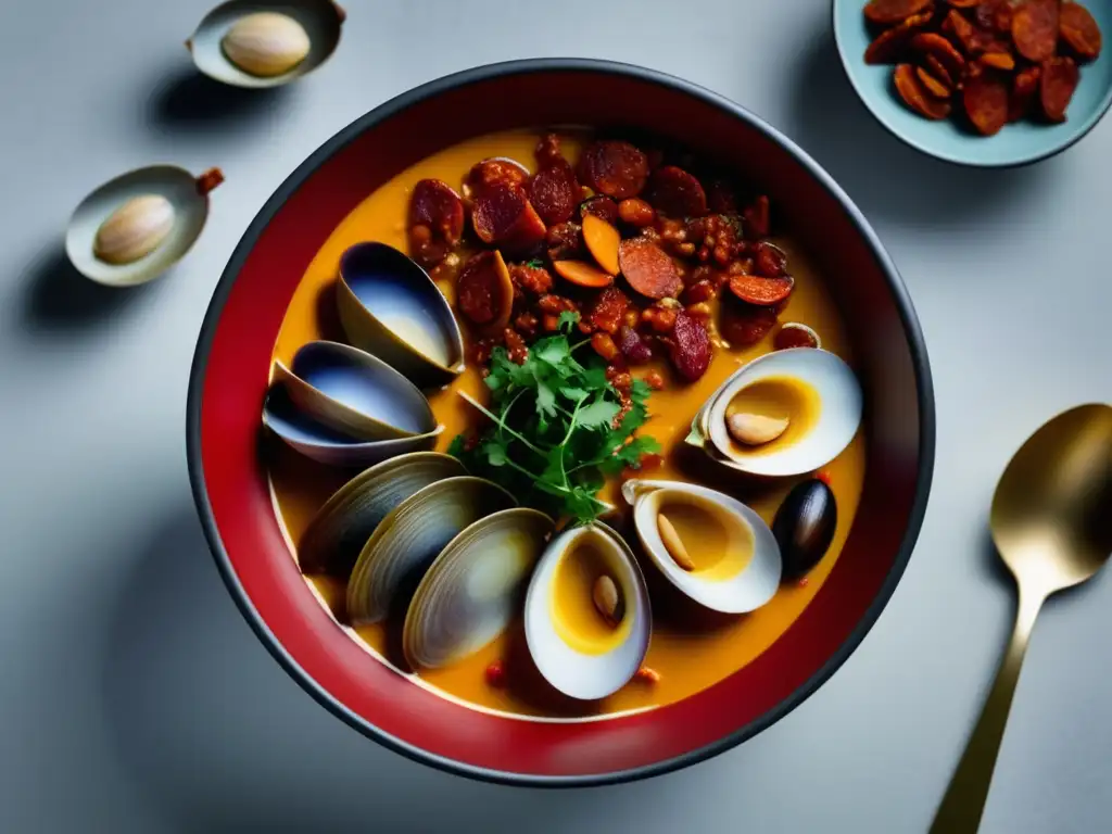 Deliciosa pochas de la cocina vasca con chorizo y clams, presentación moderna y sabores exquisitos