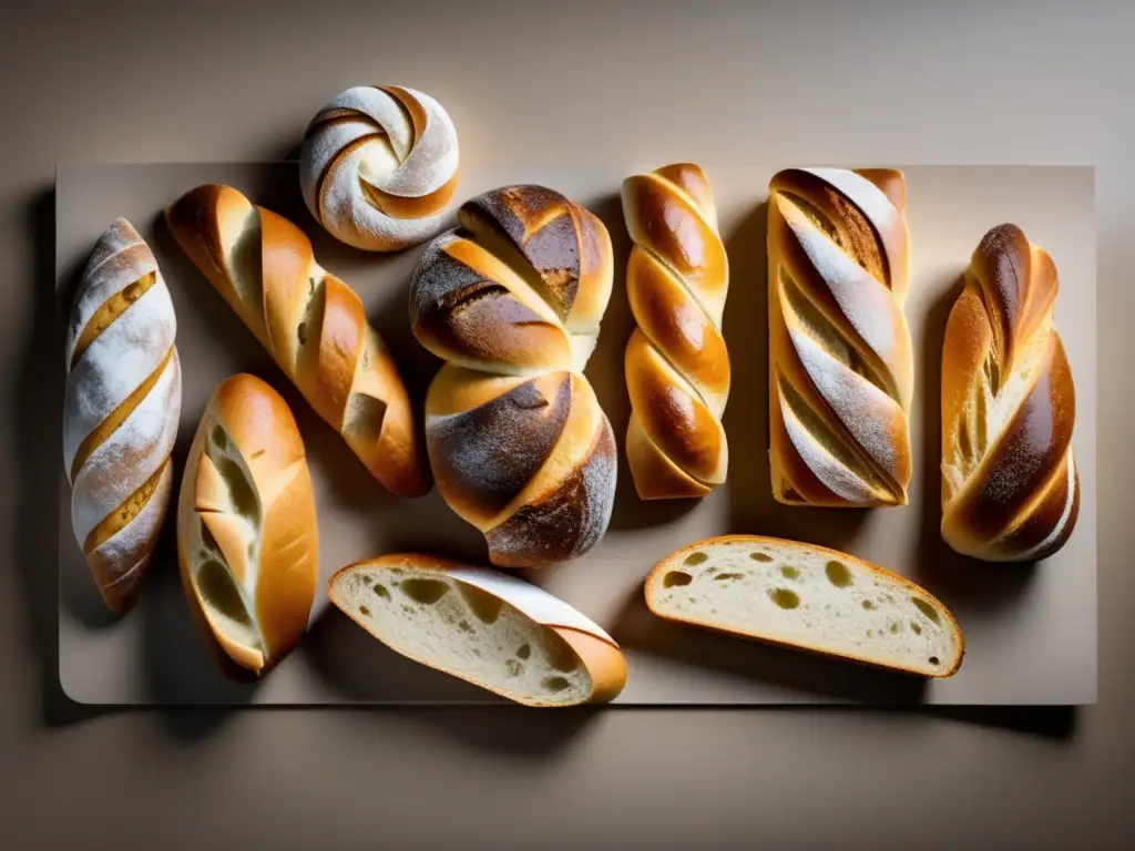 Panadería en la cocina mediterránea: variedad de panes artesanales en una imagen minimalista