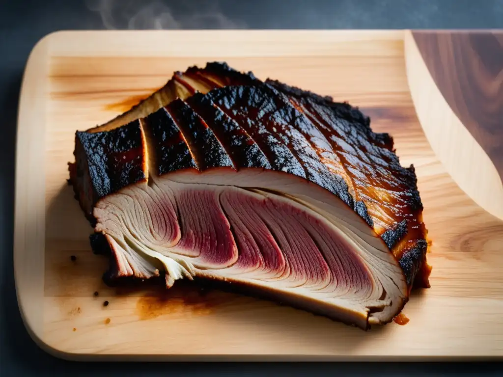 Deliciosa carne ahumada en tabla de madera