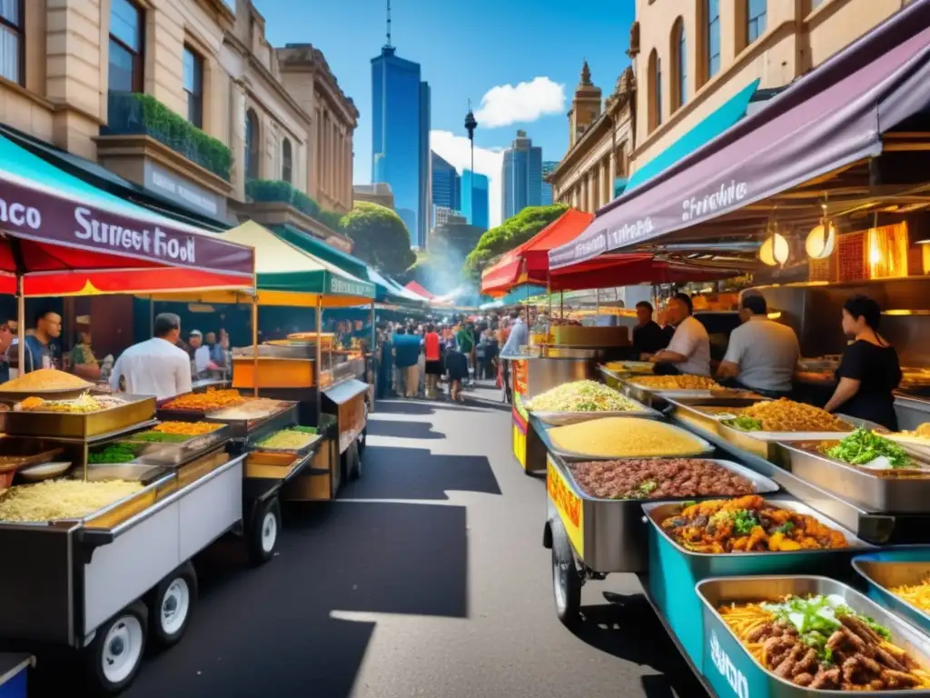 Comida callejera en Australia: escena vibrante de una concurrida calle en Sydney, mostrando la diversidad y energía culinaria (110 caracteres)