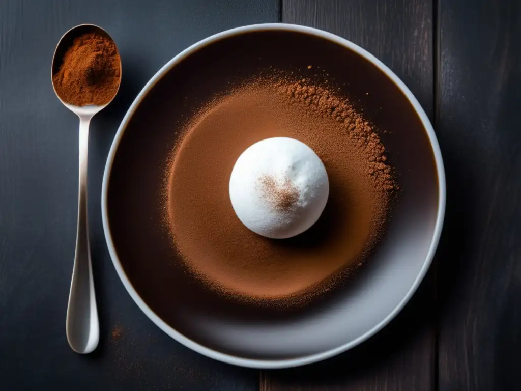 La Magia del Cacao en Polvo en la Repostería: delicado plato blanco con cacao en polvo y fondo abstracto