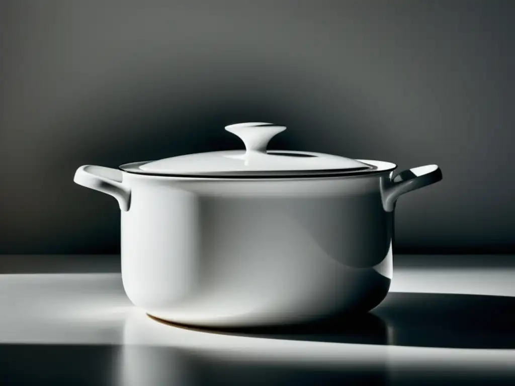 Utensilios de cocina de cerámica: olla blanca de diseño minimalista con tapa entreabierta, reflejando luz y vapor, durabilidad y elegancia