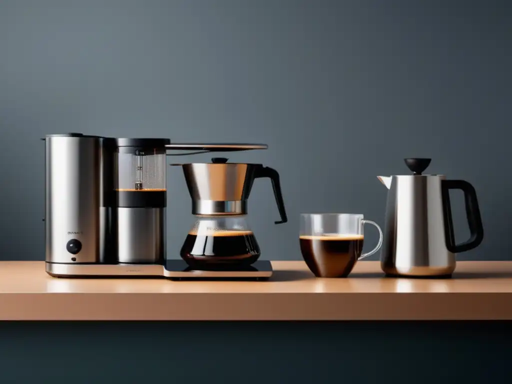 El Arte de Preparar un Café Perfecto: Guía Paso a Paso - Imagen de un elegante y minimalista equipo de preparación de café en 8k