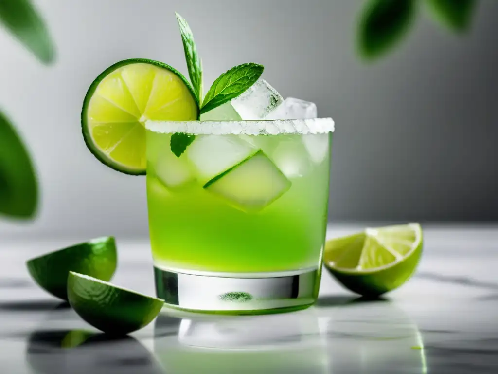 Una Caipirinha impresionante en mármol blanco con lima, menta y azúcar