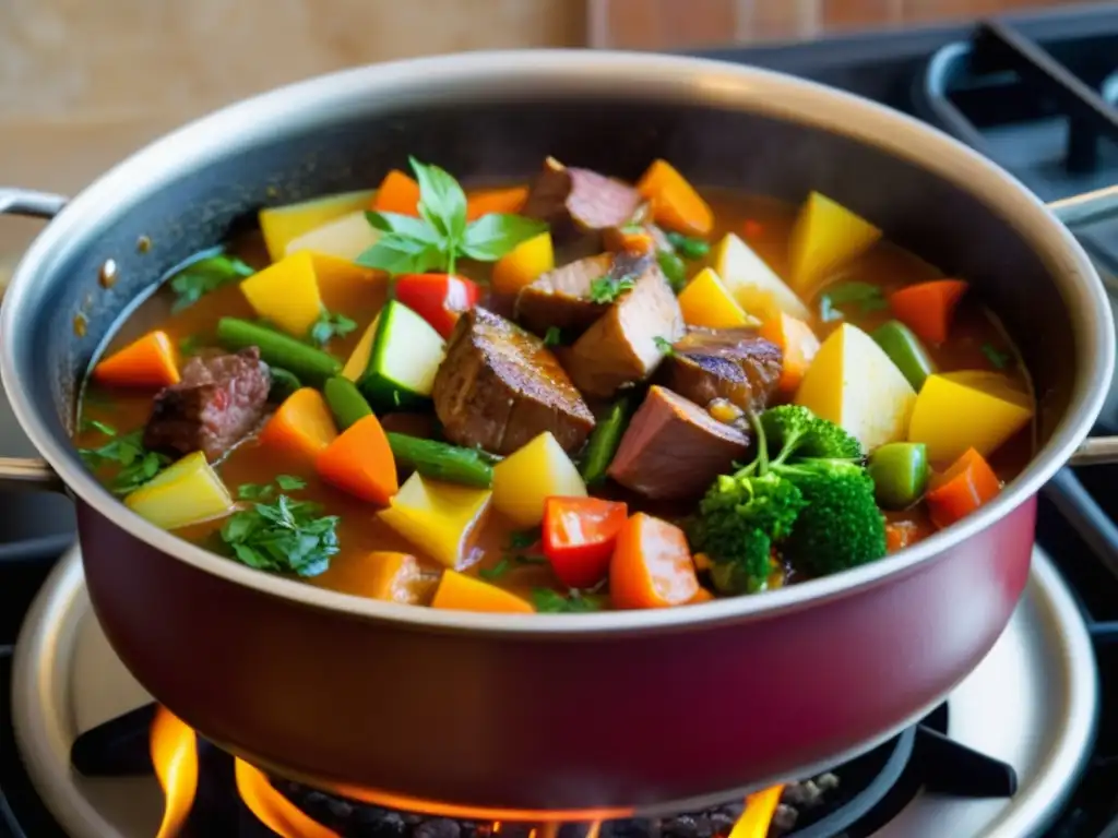 Caldero de cocción al caldero: estofado aromático con carne tierna, verduras vibrantes y hierbas fragantes