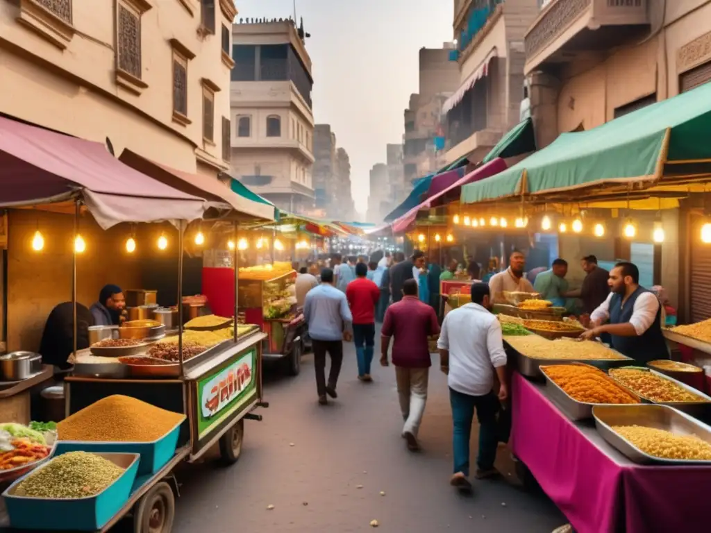 Los sabores ocultos de la comida callejera en Egipto: una imagen 8k ultradetallada de una bulliciosa calle en El Cairo