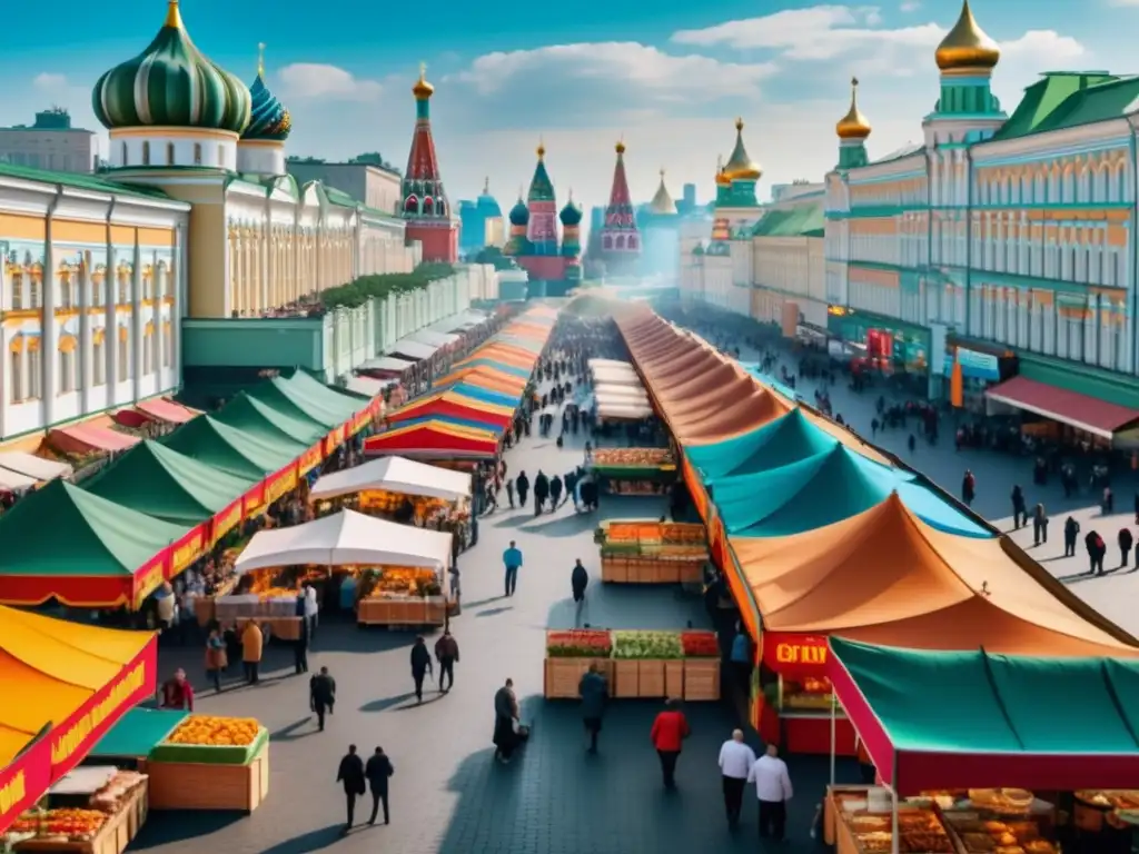 Comida callejera en Moscú: un viaje culinario por Rusia - Vibrante escena de una bulliciosa calle en Moscú, con puestos de comida y energía dinámica