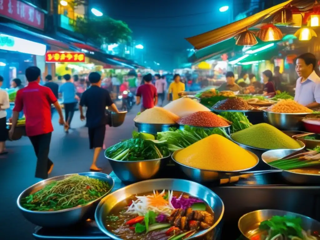 Comida callejera vietnamita: una vibrante escena llena de colores, sabores y aromas, donde locales y turistas disfrutan de delicias culinarias únicas