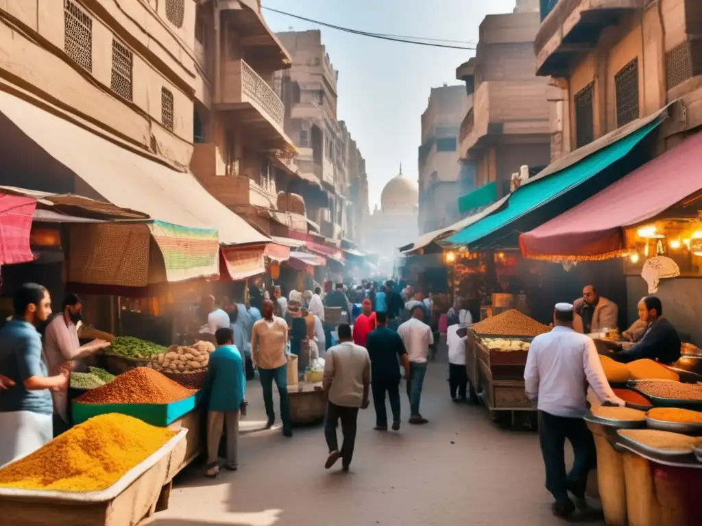 Callejón de Cairo, Egipto, muestra sabores ocultos de comida callejera con colores vibrantes, aromas y emocionante ambiente