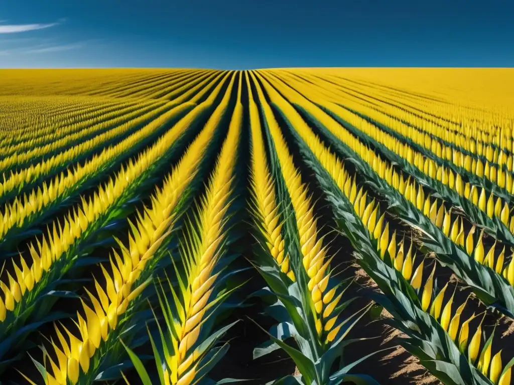 Maíz en la cocina latinoamericana: campo amarillo infinito, formas geométricas y líneas limpias, contraste visual impactante