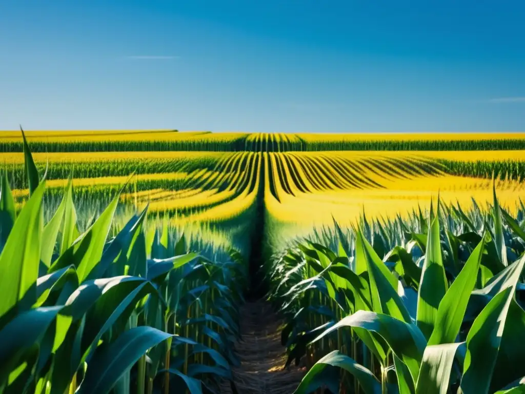 Campo de maíz amarillo vibrante en un cielo azul claro, resaltando su belleza y su importancia en la cocina latinoamericana