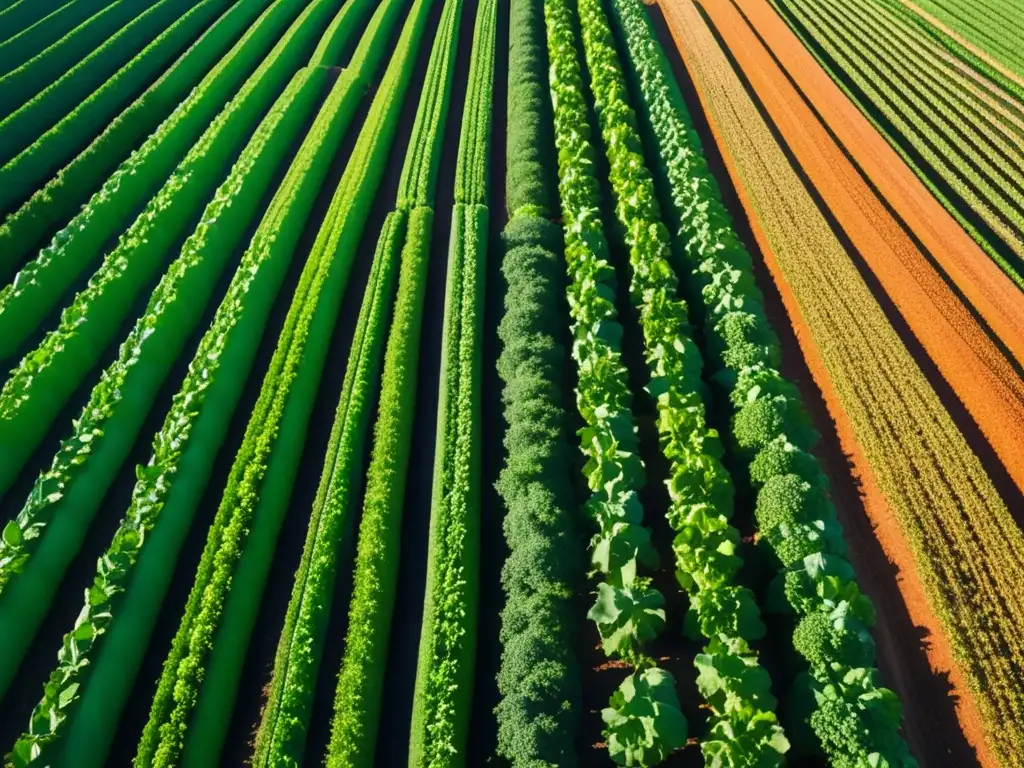 Comida vegetariana para principiantes: campo verde vibrante con hortalizas recién cosechadas en patrones simétricos