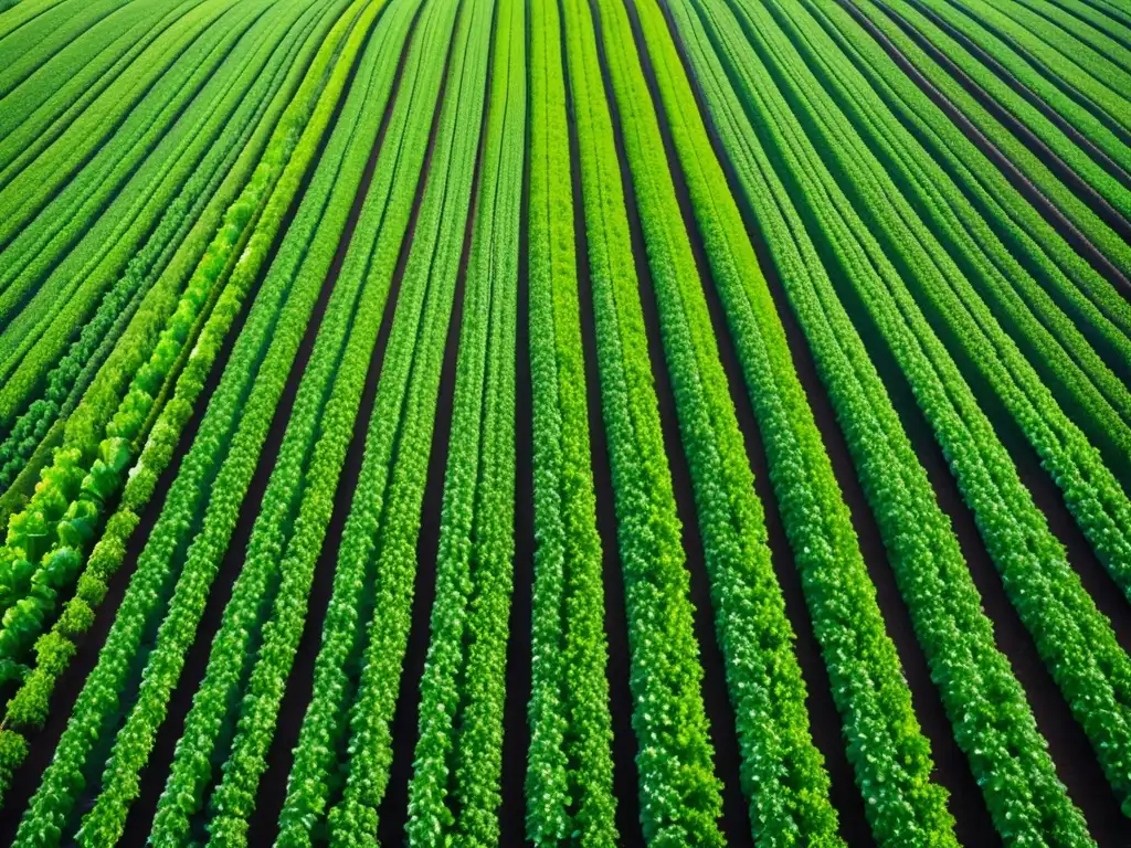 Alimentos orgánicos en vibrante campo verde con hileras de vegetales perfectamente alineados, reflejando cuidado y precisión