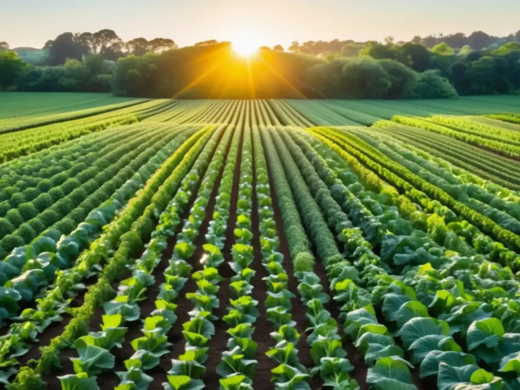 Alimentos orgánicos en un campo verde con vegetales vibrantes y perfectamente formados, resaltando su belleza natural