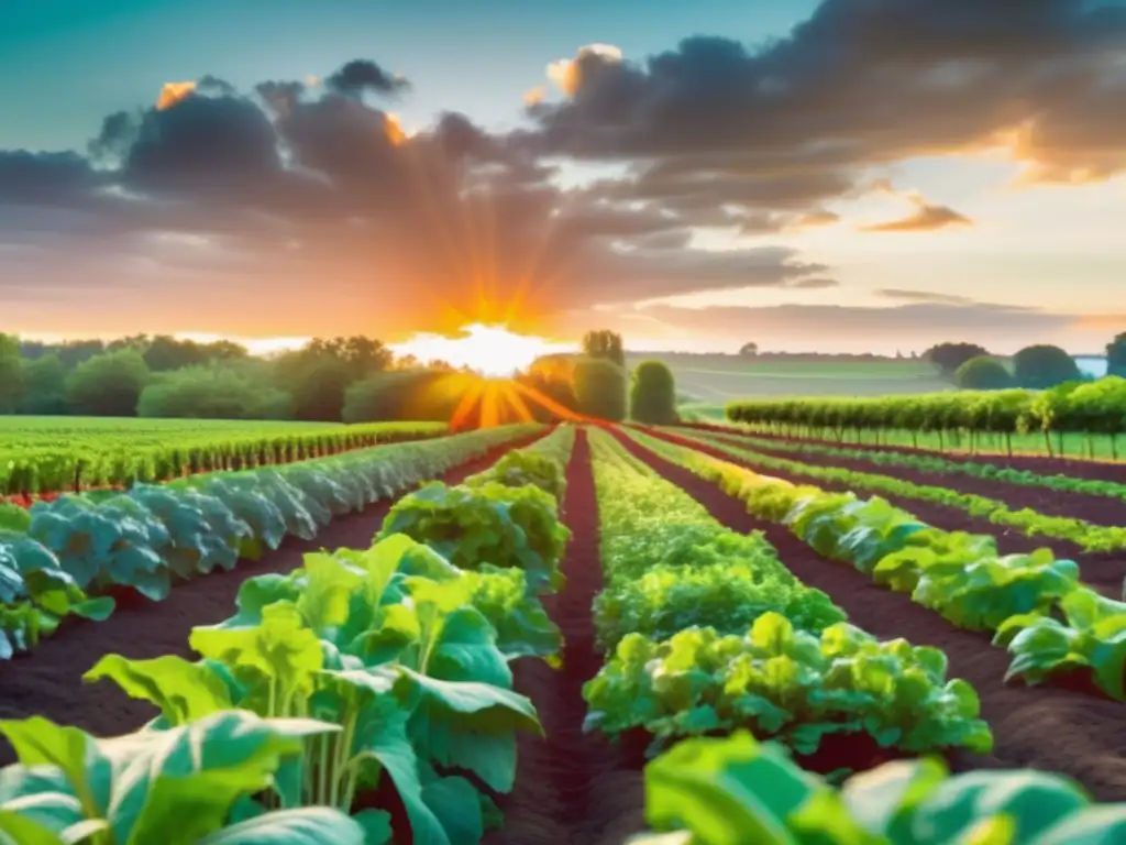 Alimentos Orgánicos y Salud Cardiovascular: Campo vibrante con frutas y verduras orgánicas, colores ricos y saludables