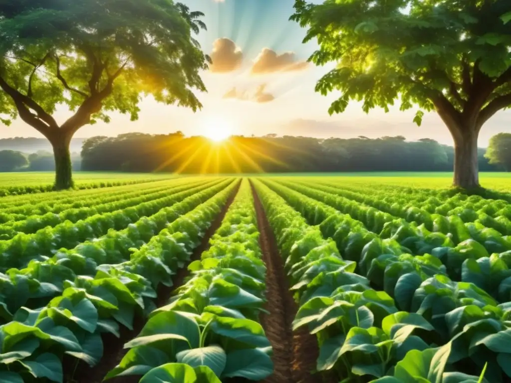 Campo orgánico lleno de cultivos vibrantes y diversos, rodeado de árboles majestuosos