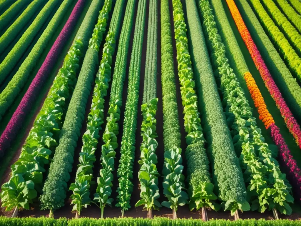 Alimentos orgánicos y salud mental: campo verde con vegetales vibrantes y simetría perfecta