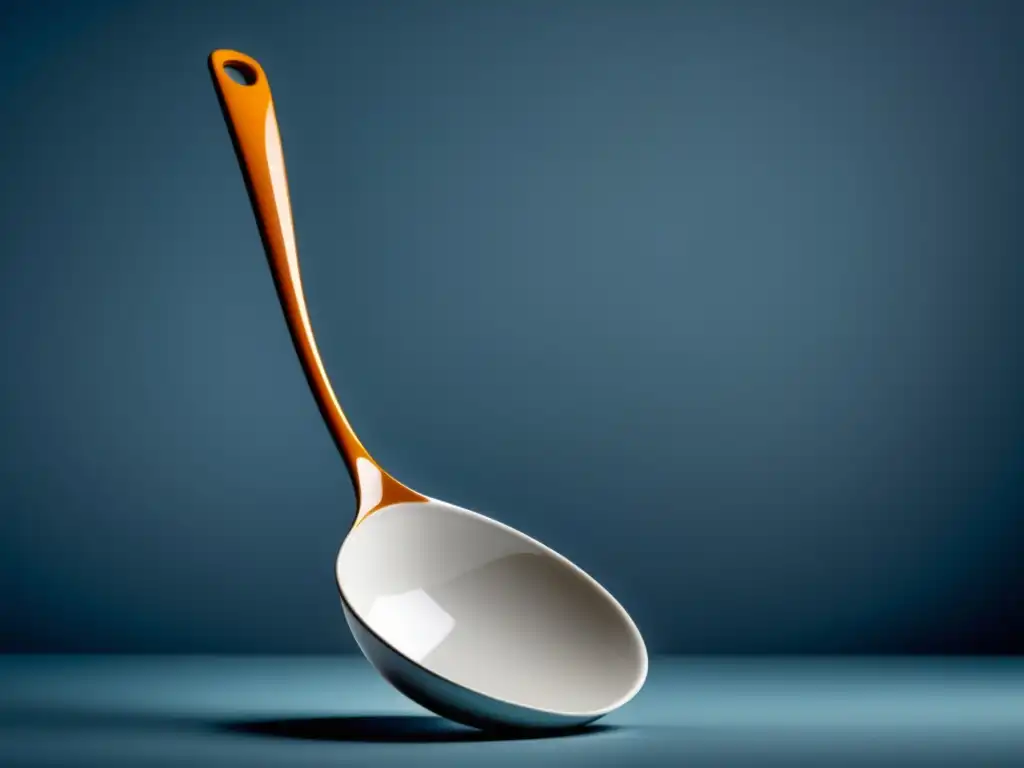 Utensilio cocina cerámica: ladle elegante y moderno suspendido en el aire, reflejando sofisticación y versatilidad