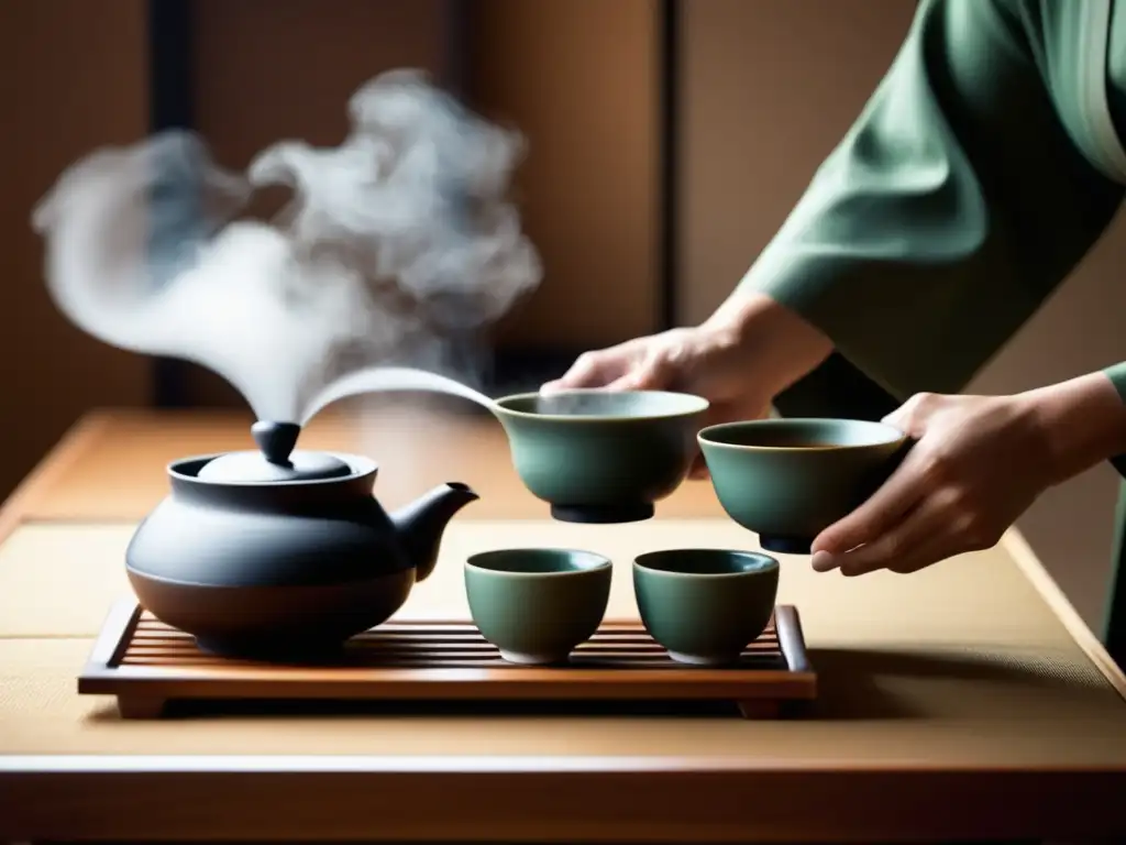 Ceremonia del té japonesa: escena minimalista y abstracta con movimiento preciso del maestro y vapor misterioso