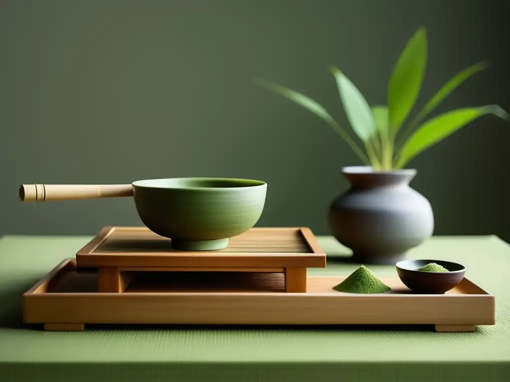 Té matcha: ceremonia japonesa con utensilios de bambú, tazón de cerámica y polvo de té verde en un espacio minimalista