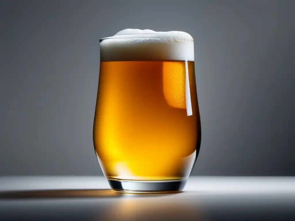 Cerveza brett: vistosa imagen minimalista de cerveza dorada y espumosa en un vaso, con luz suave