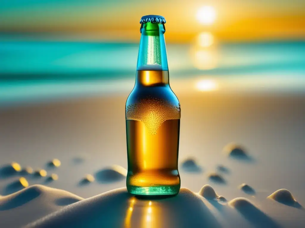 Cervezas claras: Un estilo para los días de calor - Imagen de una botella de cerveza clara en una playa soleada con agua turquesa