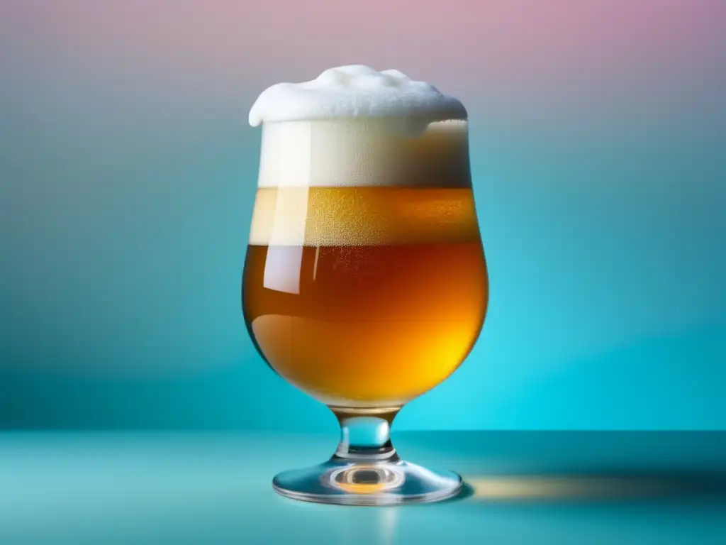 Cerveza dorada con espuma blanca sobre fondo pastel