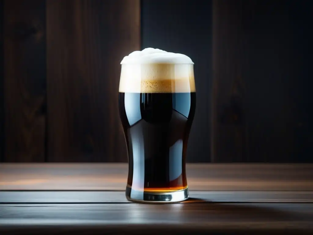 Cervezas negras: Desmitificando su sabor - Cerveza negra en vaso sobre mesa de madera oscura