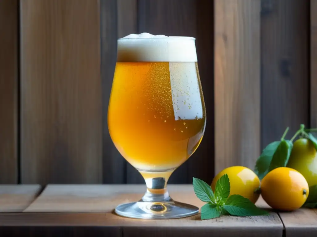 Cervezas saison: Imagen de cerveza dorada con frutas, hierbas y espuma, evocando granja belga