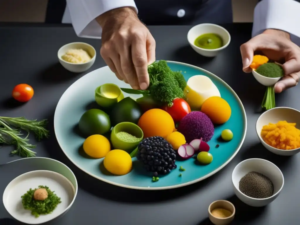 Manos del chef Massimo Bottura creando plato innovador