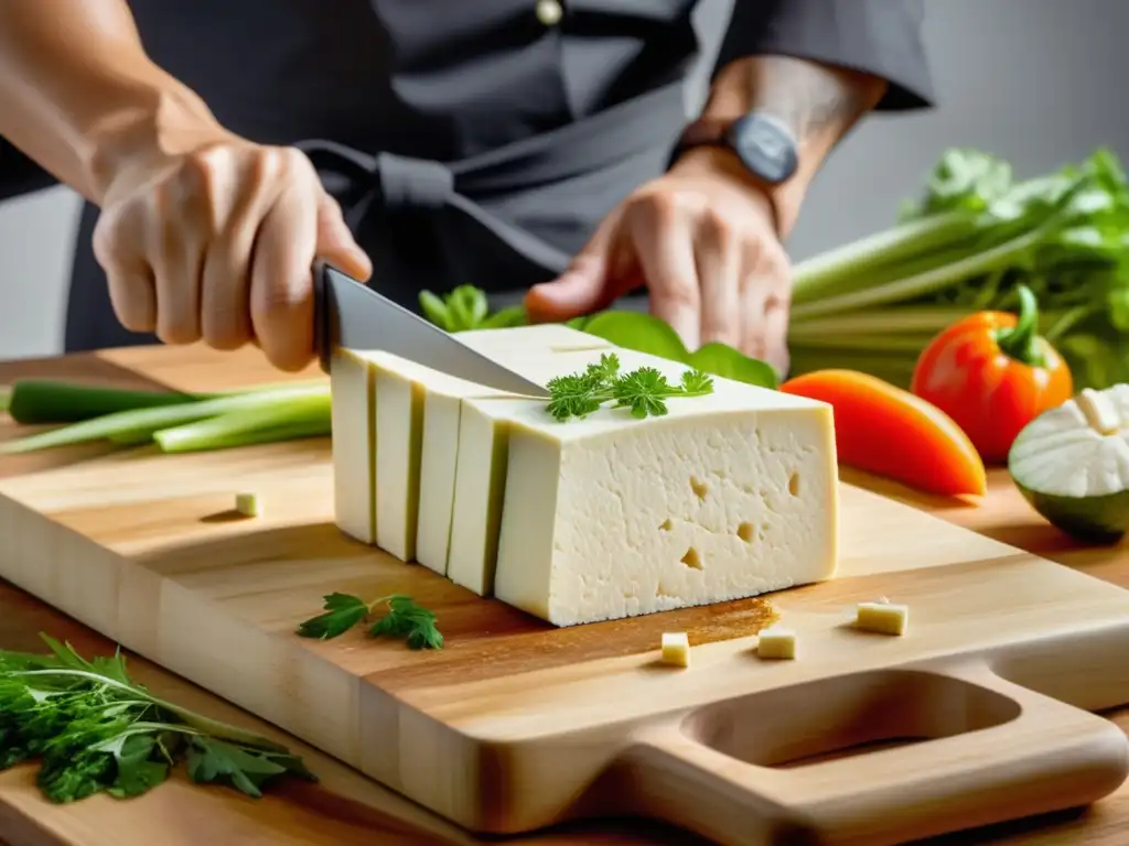 Cortes de tofu por experto chef en tabla de madera