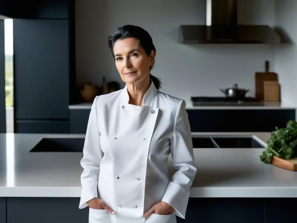 Hélène Darroze, reina de la cocina francesa contemporánea, en una imagen minimalista y abstracta en una cocina moderna y luminosa