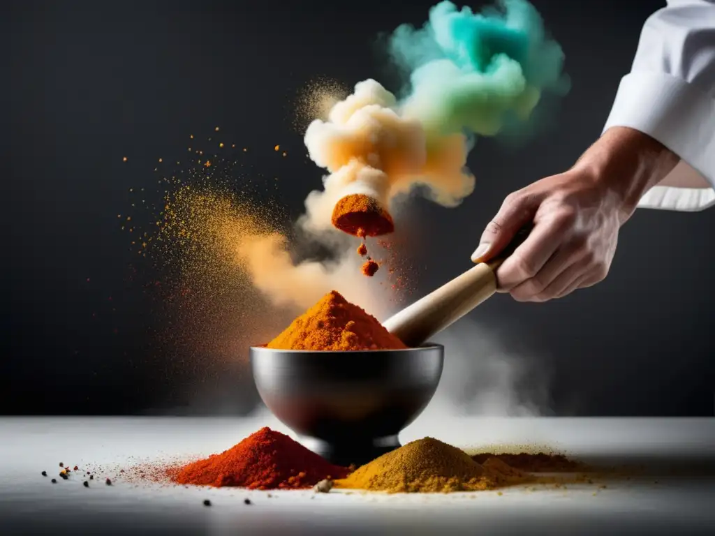 Mano de chef molinando especias, creando nube de colores - 'El poder del sazón: Técnicas culinarias para potenciar tus comidas'