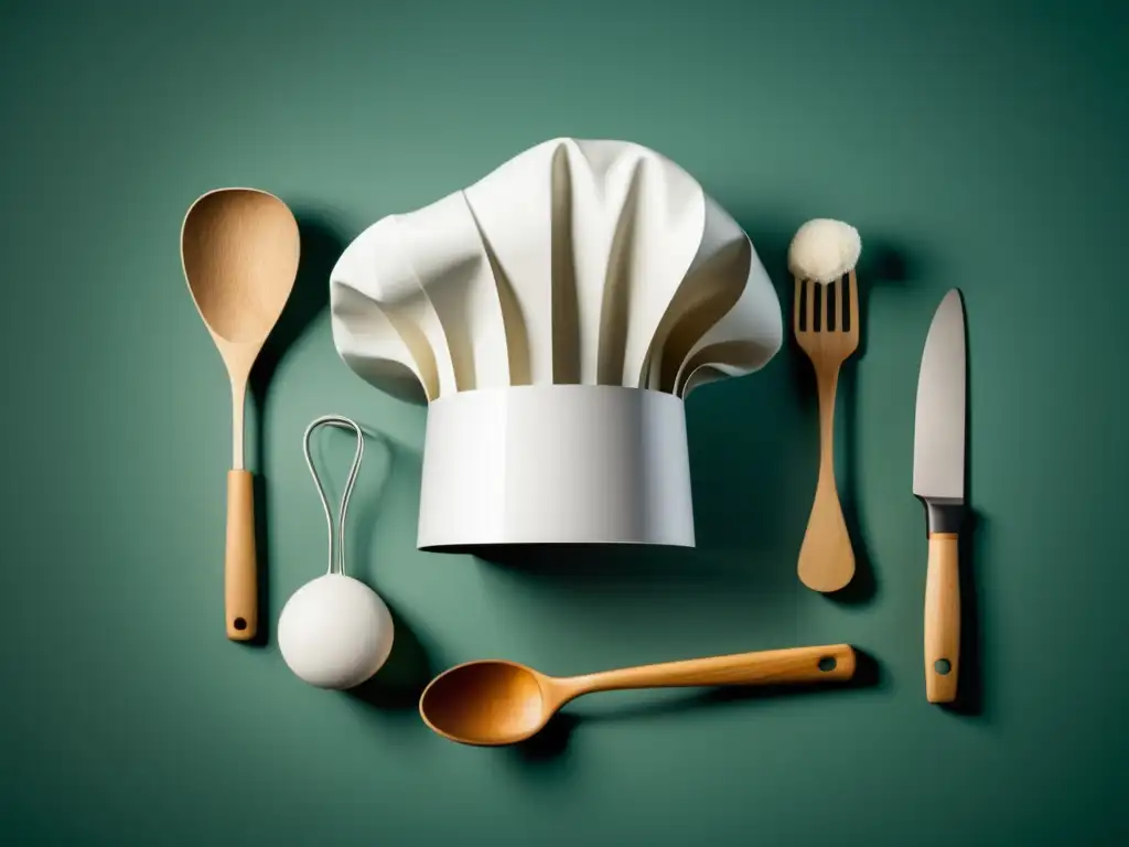 Imagen minimalista de un sombrero de chef y utensilios de cocina flotando, con alta resolución y líneas limpias