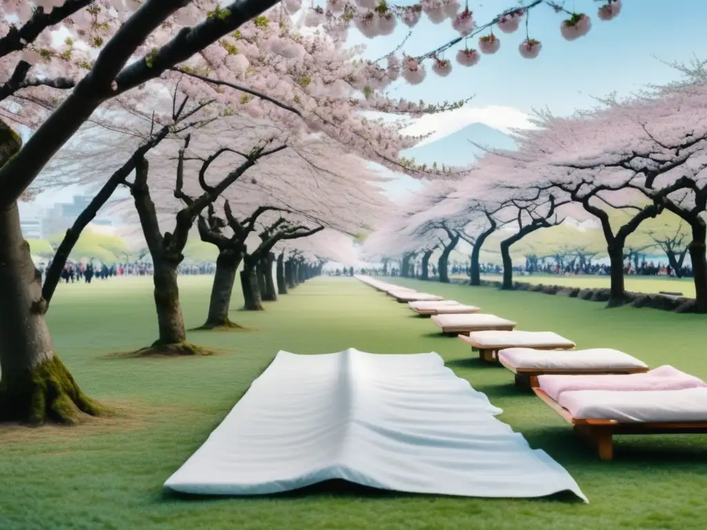 Fiesta Cereza Japón: Sakura, cielo azul, árboles floridos, picnic tradicional, bento colorido