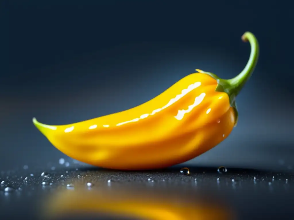 El Poder del Ají Amarillo en la Cocina Peruana - Imagen detallada de ají amarillo, chili peruano dorado, con gotas de agua, piel lisa y forma única