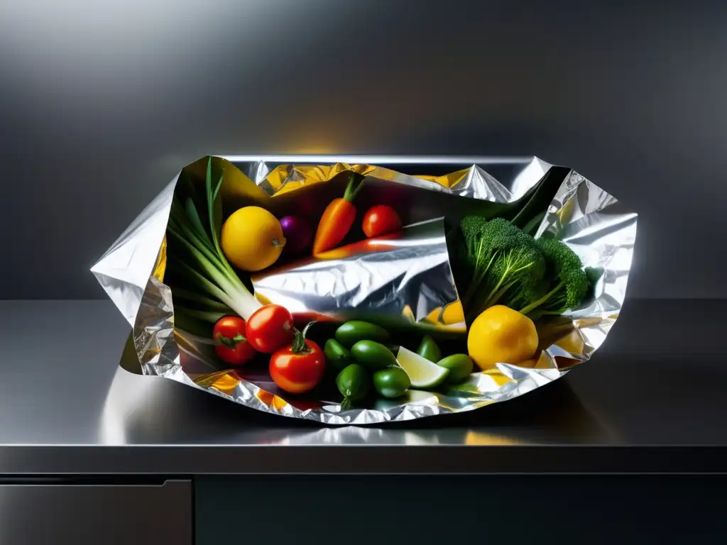 La Cocción en Papillote: Un Regalo para Tus Sentidos - Imagen 8k detallada de técnica culinaria con vegetales vibrantes en papel de aluminio