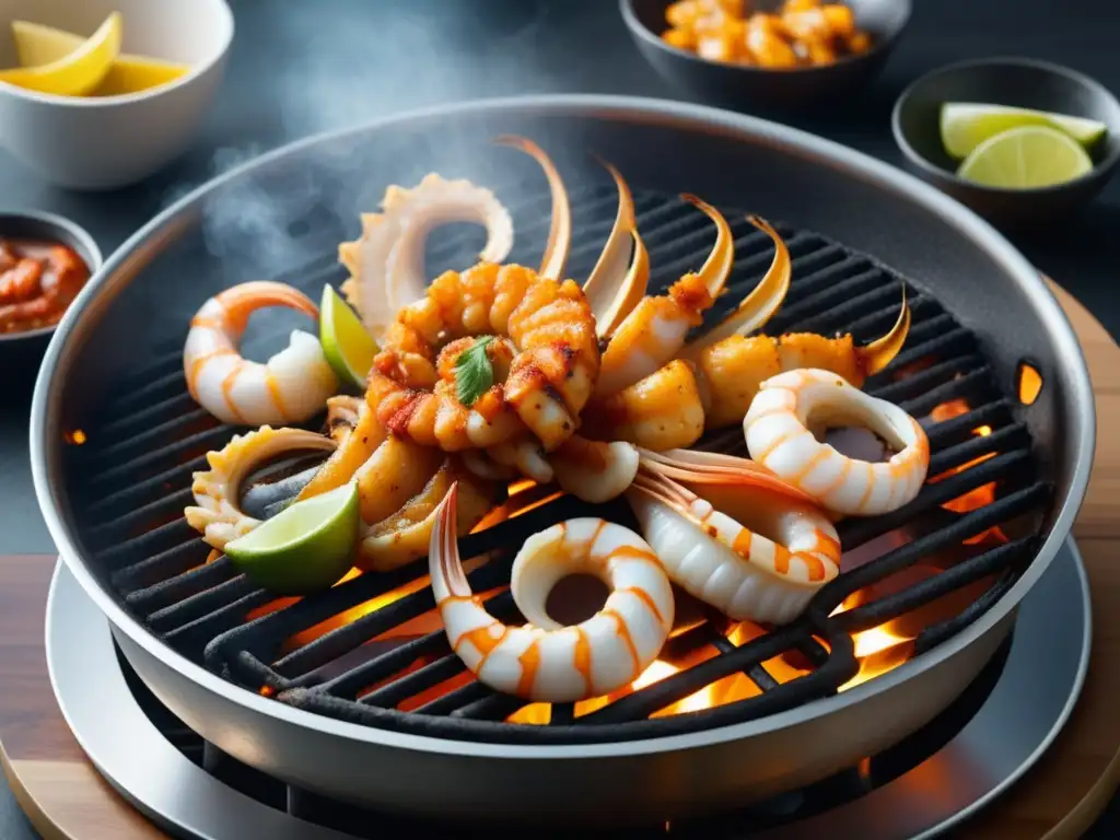 Cocción a la plancha: Ideal para mariscos - Grill minimalista con langostinos, pulpo y calamares