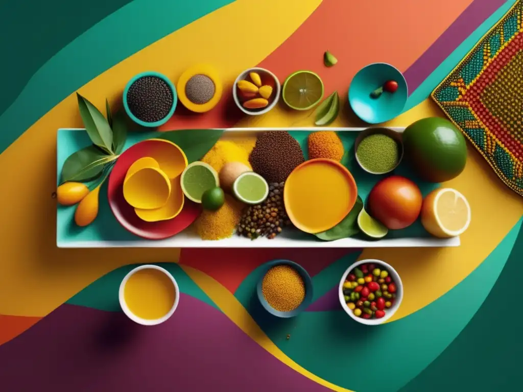 Cocina africana: Arte abstracto que representa la esencia y diversidad de la cocina africana, con colores vibrantes y formas abstractas