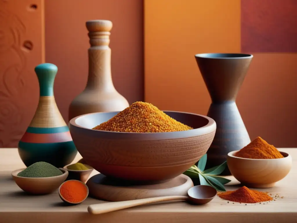 Platos Africanos: Utensilios, especias, hierbas y una olla de barro en una composición artística, evocando la autenticidad culinaria africana