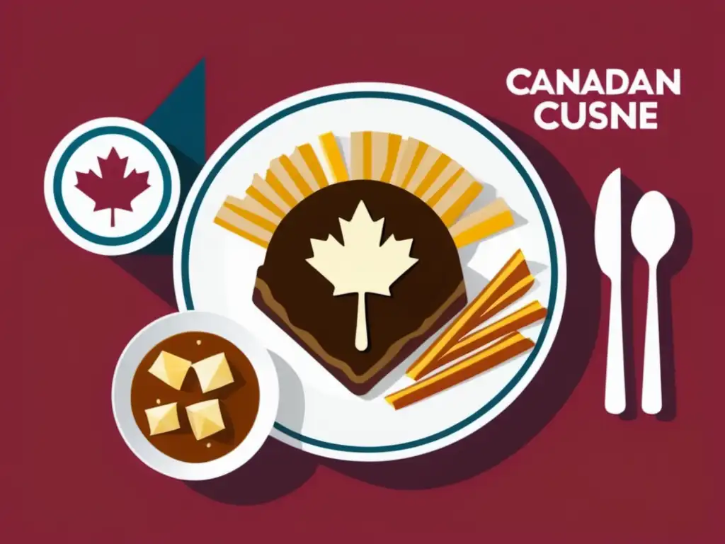 Cocina canadiense: Minimalista y abstracta representación de la cocina canadiense con poutine, tourtière y salmón candy