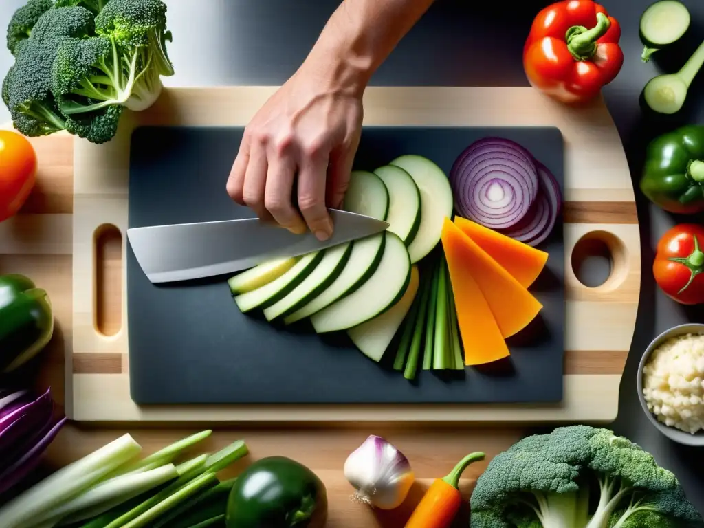 Del celuloide a la mesa: cómo el cine nos ha enseñado a cocinar - Chef cortando vegetales con precisión en una tabla moderna