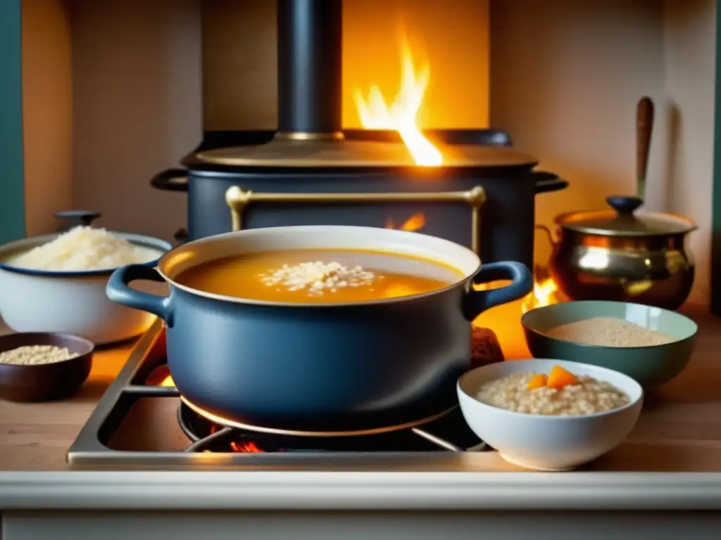 Sopa Escocesa de Avena en una cocina tradicional, con ingredientes y utensilios auténticos