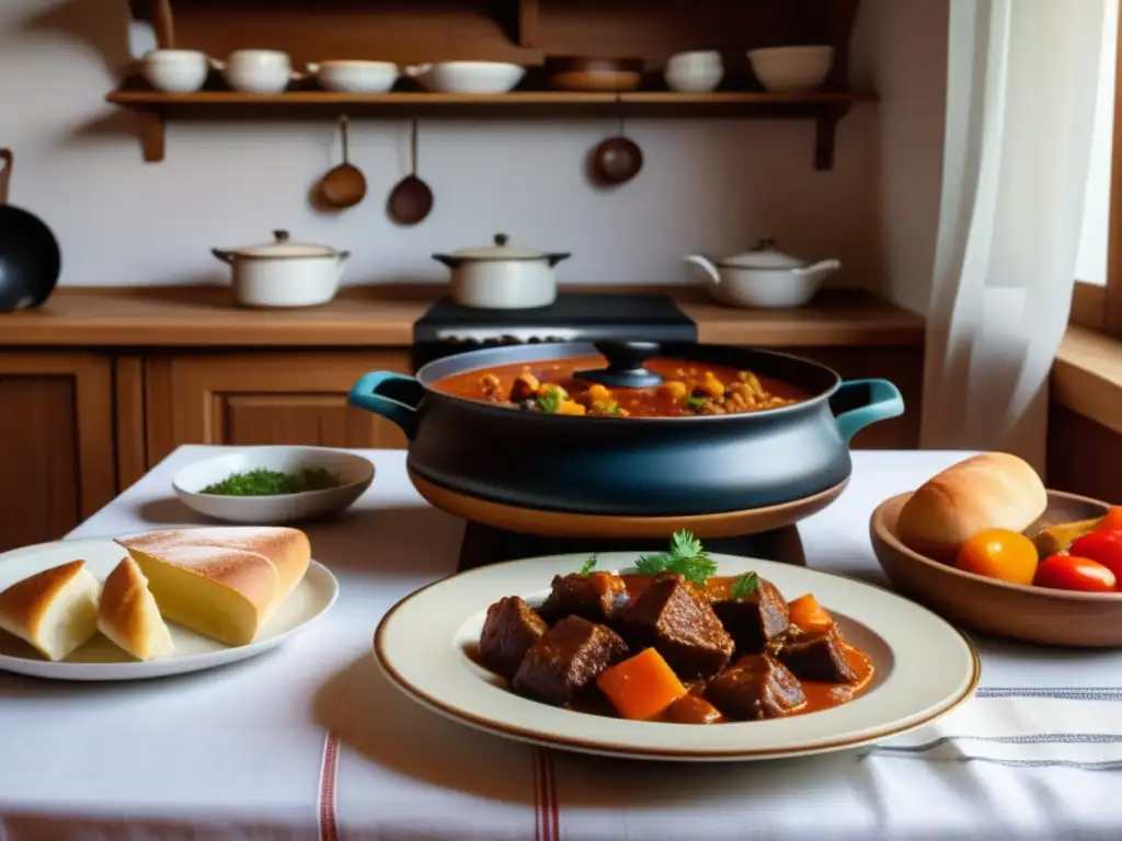 Gastronomía eslovaca: cocina tradicional, mesa de madera con platos de goulash, knedliky, sauerkraut, pálenka, Tuzemák, Zlatý Bažant