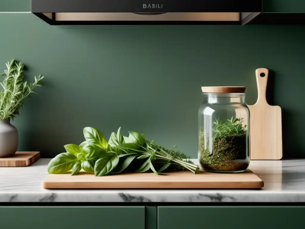 Cocina minimalista con hierbas aromáticas en la Cocina Mediterránea